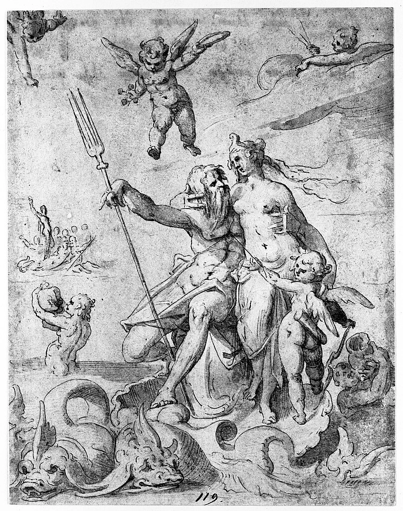 Bartholomeus Spranger - 144, Nettuno con Anfitrite e Cupido su una squadra di delfini, Kupferstichkabinett Berlin